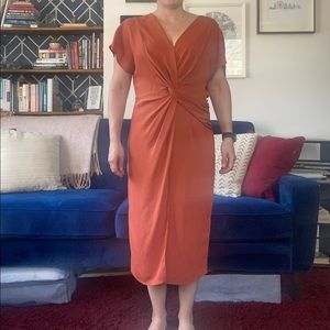 ASOS burnt orange midi dress with fabric cross and faux wrap, size 8 US